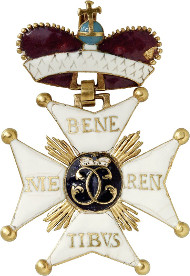 Lot 189: ORDERS / PRE-1871 GERMANY. Duchy of Wuerttemberg: Military Order of St. Charles of Wuerttemberg, Grand Cross Badge (Commander). Issue from 1759, gold and enamel. Extremely rare. II-II. Estimate: 20,000,- euros. Hammer price: 28,000,- euros.