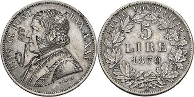 Pius IX. 5 lire 1870, Rome. Ex Peus Auction 412 (2014), 564.