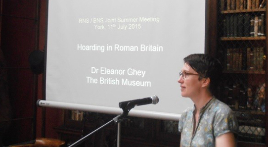 Eleanor Ghey introduces her paper on Roman hoards.