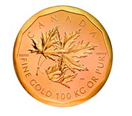 1100 kilograms - Canada, $1,000,000 CAD, Maple Leaf, 2007, Royal Canadian Mint, Ottawa. Gold, 100 kg. 530 mm, thickness 30 mm. Boris Fuchsmann.
