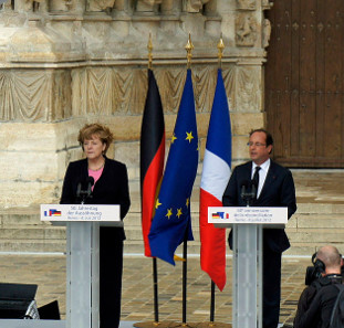 German chancellor Angela Merkel and the President of France, Francois Hollande. Photograph: Garitan / https://creativecommons.org/licenses/by-sa/3.0/deed.de