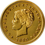 Lot 110: 1880 Four-Dollar Gold Stella. Coiled Hair. Judd-1660, Pollock-1860. Rarity-6. Gold. Reeded Edge. Proof. Unc Details--Polished (PCGS). Secure Holder. Price Realized: $258,500.00.