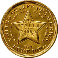 Lot 110: 1880 Four-Dollar Gold Stella. Coiled Hair. Judd-1660, Pollock-1860. Rarity-6. Gold. Reeded Edge. Proof. Unc Details--Polished (PCGS). Secure Holder. Price Realized: $258,500.00.