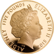 Alderney / 5 Pounds / Gold .916.7 / 39.94g / 38.61mm / Design: Ian Rank-Broadley FRBS (obverse) and Glyn Davies (reverse) / Mintage: 75.