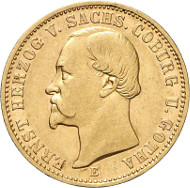 Lot 4415: SAXE-COBURG-GOTHA. Ernest II, 1844-1893. 20 mark E 1677. Extremely rare. Nearly extremely fine / extremely fine. Estimate: 65,000,- euros. Hammer price: 85,000,- euros.