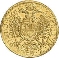 Lot 4609: HRE. Ferdinand III, 1637-1657. Double ducat 1653, St. Veit. Extremely rare. Extremely fine to FDC / FDC. Estimate: 5,000,- euros. Hammer price: 13,000,- euros.