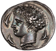 Silver decadrachm, 405-400 BCE, ANS, 1964.79.21.
