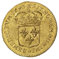 Louis XIV, King of France (1643-1715). Louis d'or 1693, La Rochelle. Head of Louis, to the right. R. Crowned arms with fleur-de-lis. © MoneyMuseum, Zurich.