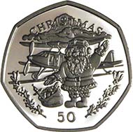 The reverse of the 1996 Gibraltar Christmas coin shows Father Christmas getting ready to get into an aeroplane. Source: Serge Pelletier.