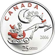 The reverse of the 2006 25-cent coin from Canada show a coloured Santa Claus in his sleigh pulled by Rudolph. Source: Royal Canadian Mint.