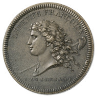 France. Medal, issued on behalf of the united artists of Lyon in 1792. Head of Liberty with streaming hair, facing left, over her shoulder a staff with Phrygian cap, below the inscription (translated)