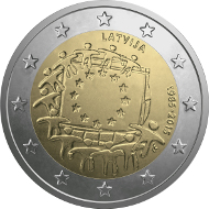 Latvia / 2 Euros / Copper, Nickel, Brass / 8.50 g / 25.75 mm / Design: Luc Luycx (common side) and Georgios Stamatopoulos (national side) / Mintage: 1,000,000.