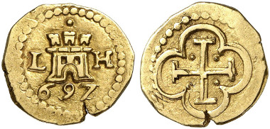Peru, Carlos II, 1665-1700. 1 Escudo 1697 L-H, Lima. Ex Künker Auction 260 (March 10, 2015) lot. 2076.