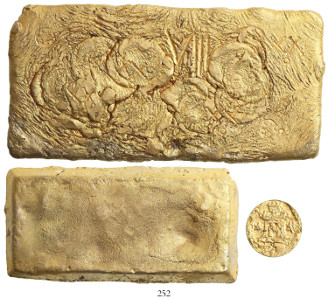 Peruvian gold bar, marked with fineness XX-dot and castle-and-stars tax stamp, from the 1715 fleet. Ex Daniel Frank Sedwick Treasure Auction 17 (2015), 252.