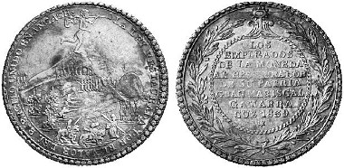 Peru, Republic since 1822. Silver medal of 4 reales 1839, issued by the Cuzco minting official, on the victory of General Gamarras over the president of the Peruvian-Bolivian Confederation. Ex Künker Auction 92 (June 22, 2004) lot. 1208.