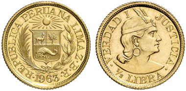 Peru, Republic since 1822. 1/2 Libra 1963. Ex Künker Auction 239 (October 10, 2013) lot. 5592.