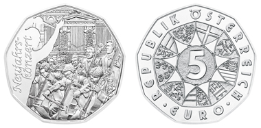 Austria / 5 Euros / Silver .800 / 8 g / 28.5 mm / Design: Helmut Andexlinger (obverse) and Herbert Waehner (reverse) / Mintage: 50,000.