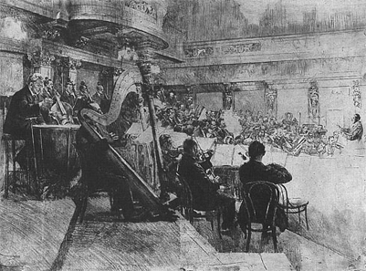 Vienna Philharmonic Orchestra at the rehearsal (Felix von Weingartner conducting), 1926. Etching by Ferdinand Schmutzer.