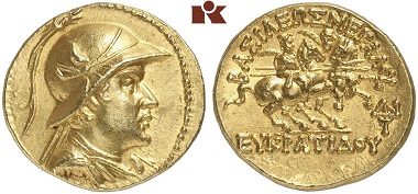 A coin Michel Sapin would love to call his own: gold stater of the Bactrian ruler Eucratides I (ca. 171-145 BC). From Kuenker Auction 270 (October 2, 2015) lot 8410.