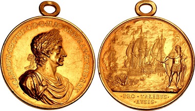 GREAT BRITAIN. Charles II, 1660-1685. Medal on the Battle of Lowestoft, by J. Roettier, 1665. Eimer 230. MI 503/139. Van Loon II, p. 526. Faint hairlines, otherwise, extremely fine.