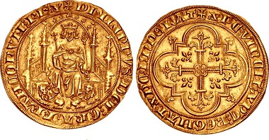 FRANCE, Royal. Philippe VI de Valois, 1328-1350. Parisis d'or, authorized 6 September 1329. Ciani 268. Duplessy 248. Friedberg 264. Lafaurie 252. Rich pale blue and orange toning, Extremely fine.