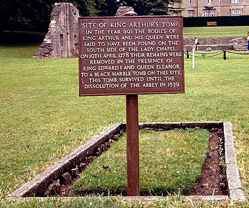 Plate indicating the former location of the tomb of King Arthur and Queen Guinevere at Glastonbury Abbey. Photograph: Tom Ordelman / https://creativecommons.org/licenses/by-sa/3.0/deed.en.