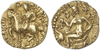 Gold stater from the time of Kumaragupta (AD 414-455). From Künker Auction 226 (March 11, 2013) lot 1228.