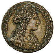 Medal by Alessandro Cesati featuring Dido of Carthage, the legendary partner of Aeneas, on the reverse with a view of Carthage, with the Column of Trajan, the Colosseum and Pantheon, HMB Inv. 1915.312.