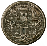 Medal by Alessandro Cesati featuring Dido of Carthage, the legendary partner of Aeneas, on the reverse with a view of Carthage, with the Column of Trajan, the Colosseum and Pantheon, HMB Inv. 1915.312.