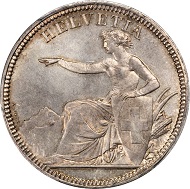Tied for finest graded, the 1855 Solothurn, Swiss Shooting Taler in MS65 realized $19,975.