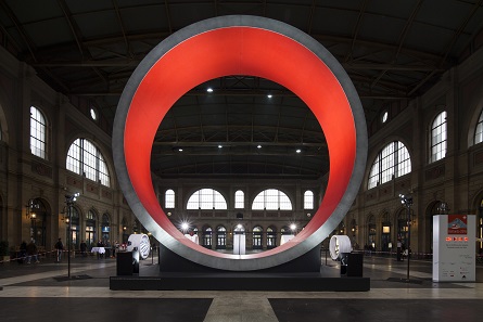A travelling exhibition about the Gotthard Base Tunnel is currently shown at many Swiss railway stations. Photograph: Gottardo 2016.