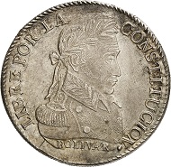 Bolivia. 8 soles 1827, Potosí. Bust of Simón Bolívar in uniform with laurel wreath. R. Tree between two llamas, above six stars. © MoneyMuseum, Zurich.