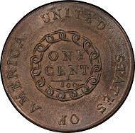 Lot 3013: 1793 Flowing Hair Cent. Sheldon-3. Rarity-3-. Chain, AMERICA. No Periods. Mint State-65 RB (PCGS). Price Realized: $998,750.