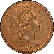Lot 3004: 1794 Liberty Cap Half Cent. Cohen-7. Rarity-5. High Relief Head. Mint State-67 RB (PCGS). Price Realized: $940,000.