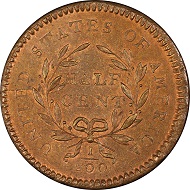 Lot 3004: 1794 Liberty Cap Half Cent. Cohen-7. Rarity-5. High Relief Head. Mint State-67 RB (PCGS). Price Realized: $940,000.