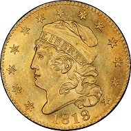 Lot 3153: 1819 Capped Head Left Half Eagle. Bass Dannreuther-1. 5D/50. Rarity-6+. Mint State-65 (PCGS). Price Realized: $423,000.