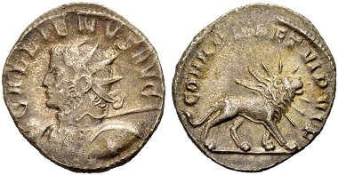 Catalogue No 485: Gallienus, 253-268. Antoninianus, 260. Rv. Radiate lion.