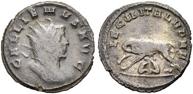 Catalogue No 473. Gallienus, 253-268. Antoninianus, 260. Rv. She-wolf with Romulus and Remus.