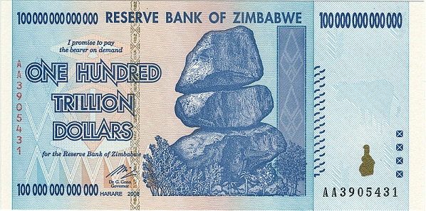 This 100 trillion Zimbabwean dollar note from 2008, released into circulation in January 2009, is just enough to buy a weekly pass for public transport.