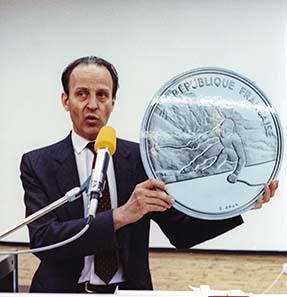 Patrice Cahart, then president of the Monnaie de Paris shows a commemorative coin on the occasion of the Olympic Games in Albertville 1992.