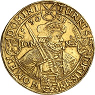 No. 291: GERMANY / SAXONY. Johann Georg I, 1615-1656. 10 ducats 1630, Dresden, on the centenary of the Augsburg Confession. Struck from the reichstaler dies. Very rare. Almost extremely fine. Estimate: 12,500,- euros. Hammer price: 44,000,- euros.