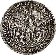 No. 401: HRE. Ferdinand I, 1522-1558-1564. Schautaler 1528, Hall, dies by Ulrich Ursentaler. On the archduke's attending the Tyrolean Landtag and his hereditary homage. Extremely rare. Extremely fine. Estimate: 20,000,- euros. Hammer price: 50,000,- euros.