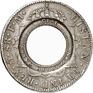 No. 625: AUSTRALIA / NEW SOUTH WALES. 5 shilling (holey dollar) 1813. Struck onto Mexican 1777 8 reales piece of Carlos III, 1759-1788, Mexico City. Very rare. Extremely fine. Counterstamp: extremely fine. Estimate: 25,000.- euros. Hammer price: 230,000.- euros.