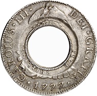 No. 625: AUSTRALIA / NEW SOUTH WALES. 5 shilling (holey dollar) 1813. Struck onto Mexican 1777 8 reales piece of Carlos III, 1759-1788, Mexico City. Very rare. Extremely fine. Counterstamp: extremely fine. Estimate: 25,000.- euros. Hammer price: 230,000.- euros.