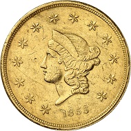 No. 672: USA / TERRITORIAL GOLD COINAGE OF CALIFORNIA. Wass, Molitor & Co. 50 dollars, 1855. Fb. 83. Very rare. Very fine. Estimate: 35,000,- euros. Hammer price: 42,000,- euros.