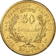 No. 672: USA / TERRITORIAL GOLD COINAGE OF CALIFORNIA. Wass, Molitor & Co. 50 dollars, 1855. Fb. 83. Very rare. Very fine. Estimate: 35,000,- euros. Hammer price: 42,000,- euros.