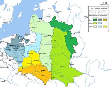 The Partitions of Poland. Source: Wikipedia.