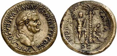Lot 172. Vespasian, Sestertius. Rv. IVDAEA CAPTA. RIC 167. Almost extremely fine. Estimate: US$ 2,500; Price Realized: US$ 117,000