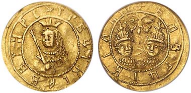 Lot 1003. Sophia as Regent for Ivan V and Peter I. Ducat. Fr. 58. About uncirculated. Estimate: US$ 7,500; Price Realized: US$ 61,425.
