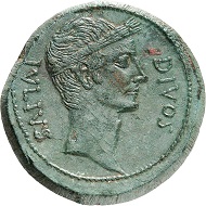 Lot 582: OCTAVIAN. Dupondius, 38 BC, Italian mint. With Divus Iulius Caesar. RPC 620. Very rare. Fine green patina. Extremely fine. Estimate: 5,000,- euros. Hammer price: 22,000,- euros.